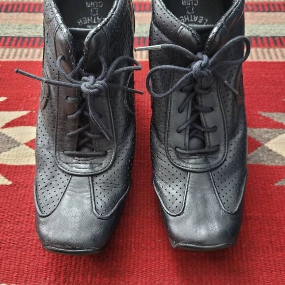 Vtg 90s Y2K No Name Brand Flyer Leather High Wedge Sneaker Sz 37 US 7 Lace Up - Picture 3 of 8